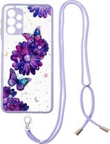 Voor Samsung Galaxy A32 5G Gekleurde Tekening Sterrenhemel Epoxy TPU Shockproof Case met Nekkoord (Paarse Bloemvlinder)