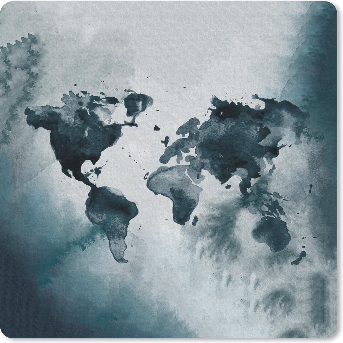 Muismat 30x30 cm - Mousepad Wereldkaart - Blauw - Waterverf - Muismatten