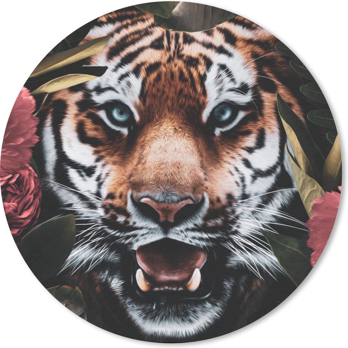 Muismat rond 30x30 cm - Mousepad Tijger - Bloemen - Jungle - Ronde muismatten