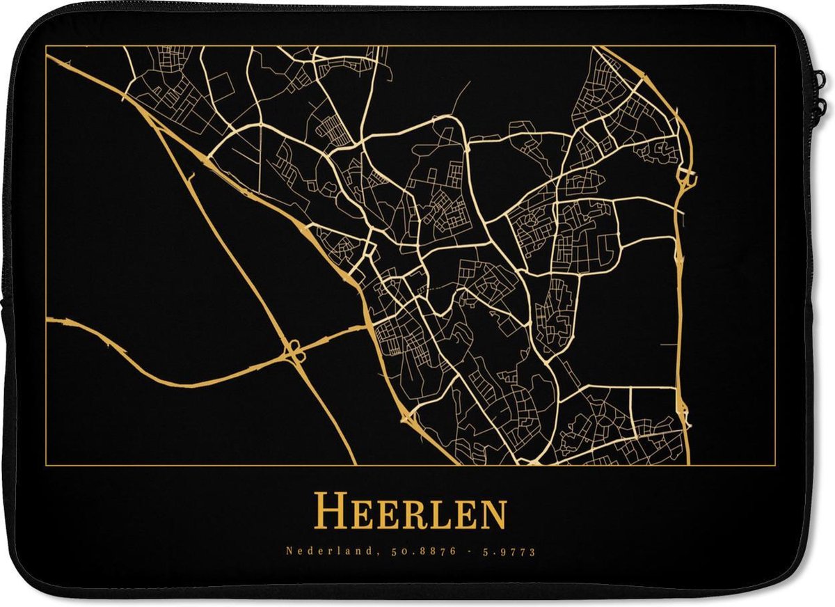 Laptophoes 14 inch - Kaart - Heerlen - Luxe - Goud - Zwart - Laptop sleeve - Binnenmaat 33x23 cm - Zwarte achterkant