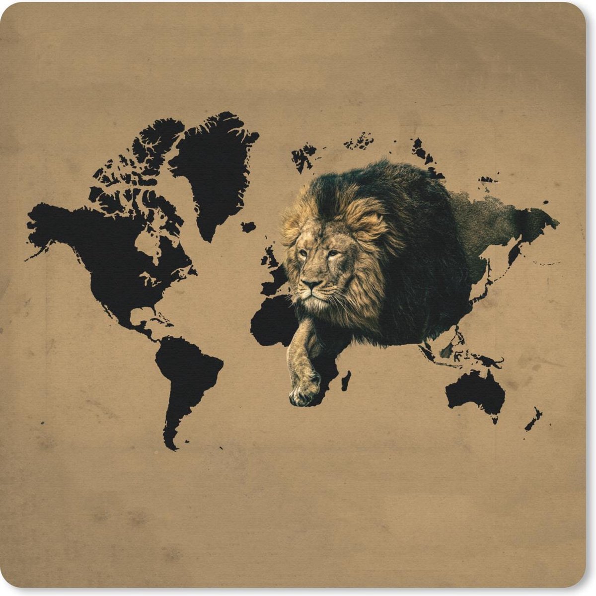 Muismat 30x30 cm - Mousepad Wereldkaart - Leeuw - Bruin - Muismatten