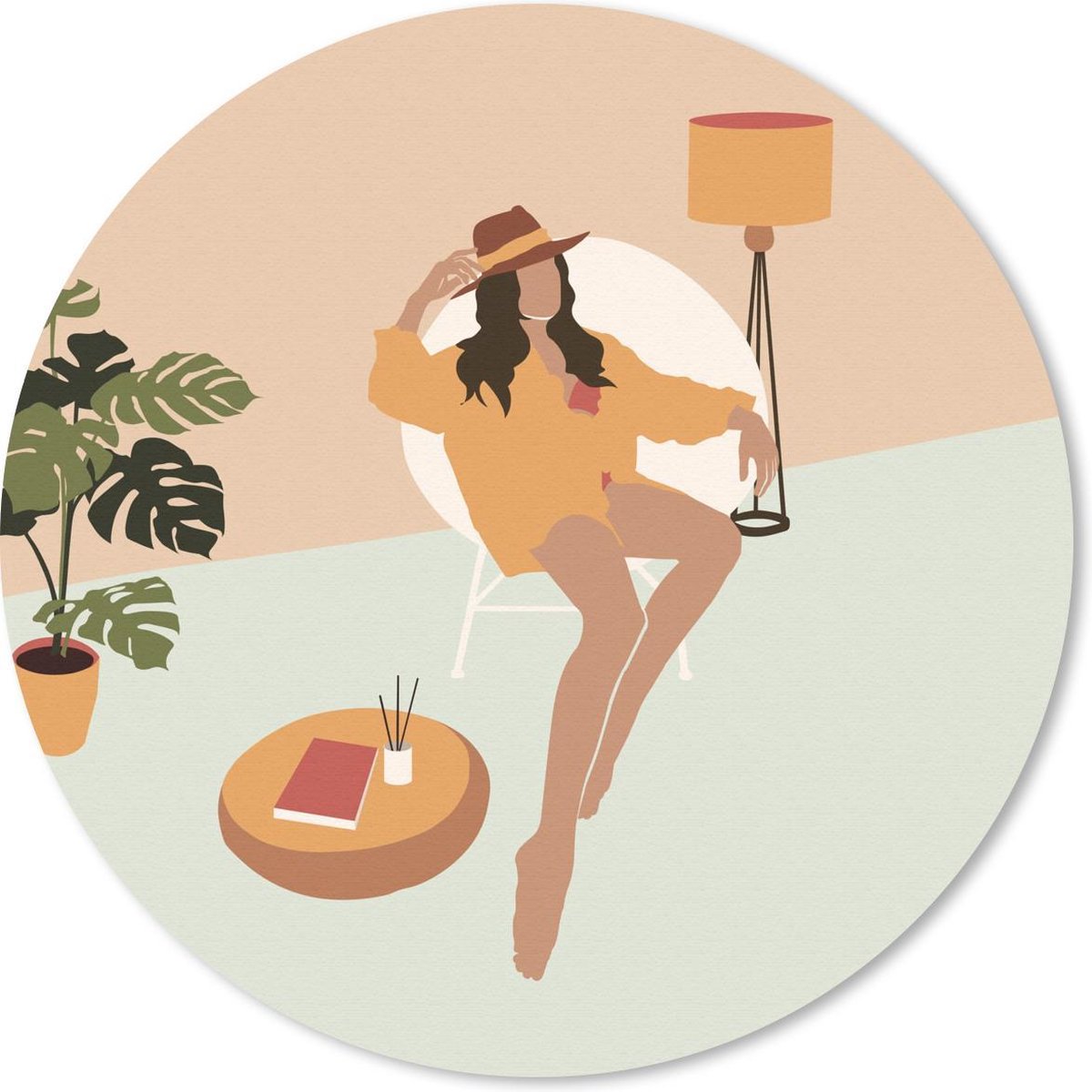 Muismat rond 20x20 cm - Mousepad Vrouw - Stoel - Hoed - Pastel - Ronde muismatten