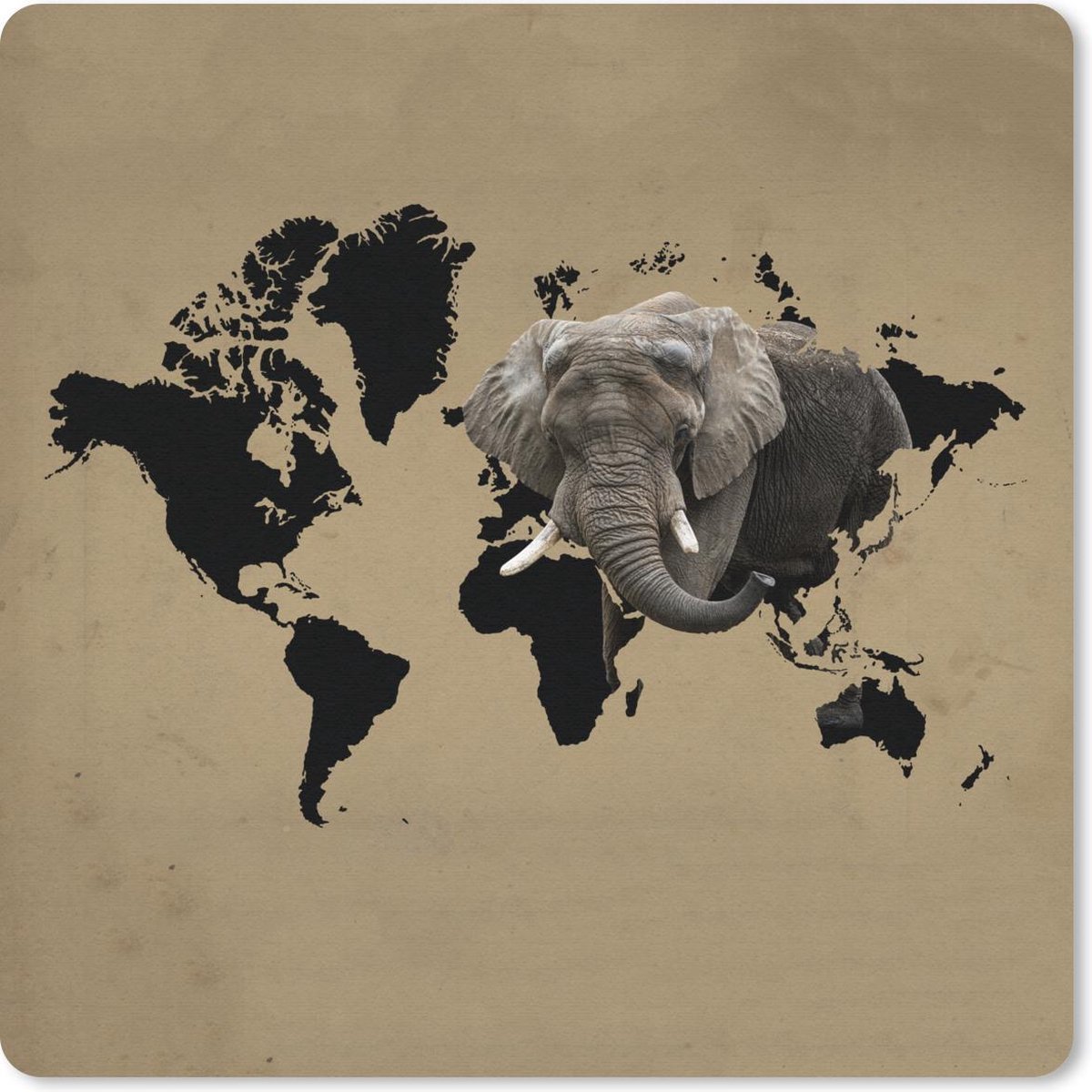 Muismat 20x20 cm - Mousepad Wereldkaart - Olifant - Bruin - Muismatten