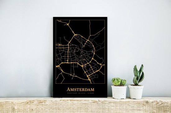 Décoration murale Métal - Aluminium - Carte - Amsterdam - Simple - Or - Zwart - 20x30 cm