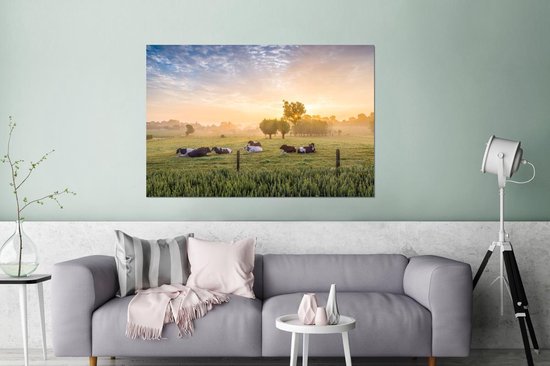 Décoration murale Métal - Peinture Aluminium - Vache - Soleil - Herbe - 180x120 cm