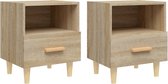 Deux tables de chevet couleur chêne sonoma avec un compartiment ouvert, un tiroir et des pieds en bois.