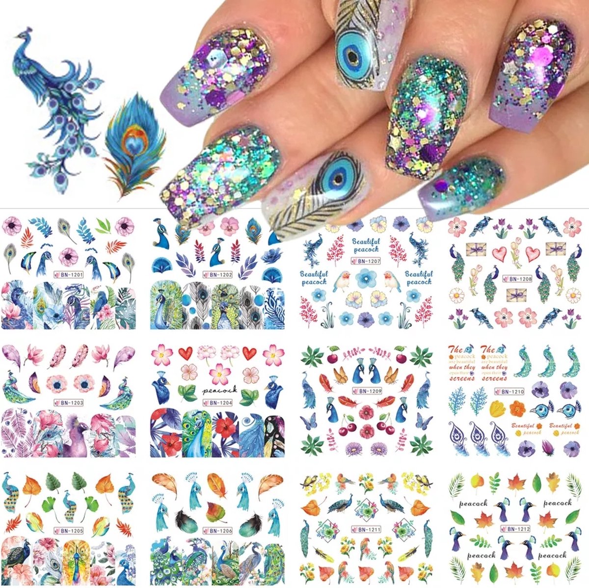 Goedkoopste Nagel stickervel Pauw met 9 designs water transfer stickers | nail art | nagelstickers | Sparkolia