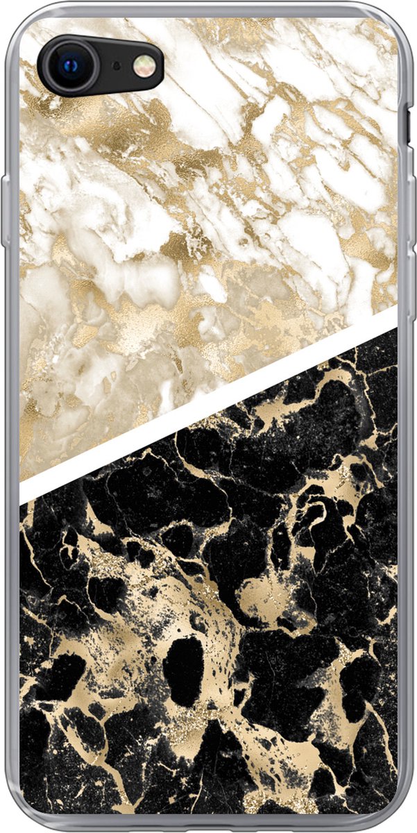 Telefoonhoesje Geschikt voor iPhone SE 2022 hoesje - Marmer print - Black and gold - Chic - Siliconen Telefoonhoesje Telefoonhoesje
