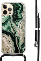 Casimoda® hoesje met koord - Geschikt voor iPhone 12 Pro - Groen marmer / Marble - Afneembaar koord - Siliconen/TPU - Groen