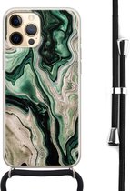 hoesje met koord - Geschikt voor iPhone 12 Pro - Groen marmer / Marble - Afneembaar koord - Siliconen/TPU - Groen