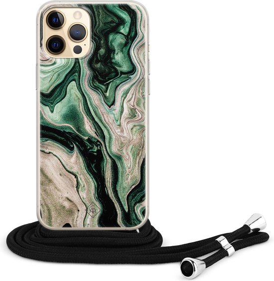 Casimoda® - iPhone 12 hoesje met koord - Groen marmer / Marble - Afneembaar koord - Siliconen/TPU