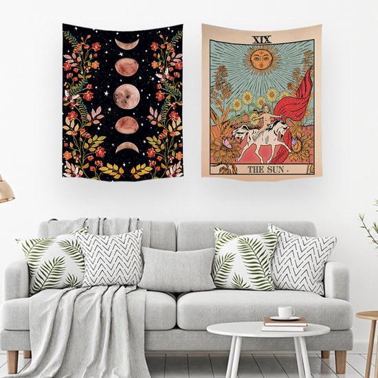 Ulticool – Wandkleed - Zon Natuur Bloemen Tarot Horoscoop Vintage Retro – Set van 2 designs - 73 cm x 95 cm – Schilderij Wandtapijt Stof – Poster Art – Veelkleurig