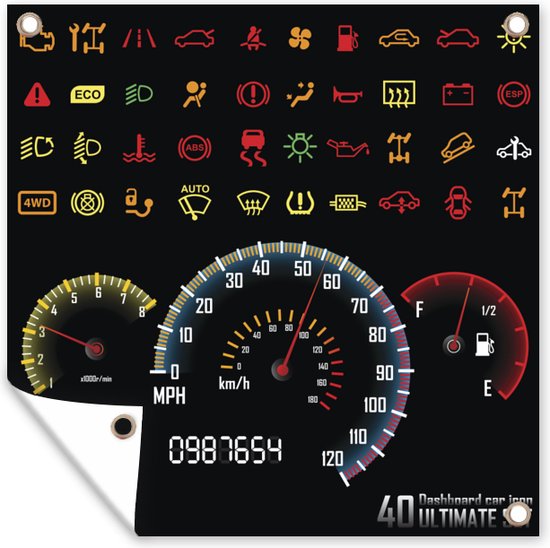 Tuin poster Illustratie van de gekleurde symbolen in een auto op het dashboard - 200x200 cm - Tuindoek - Buitenposter