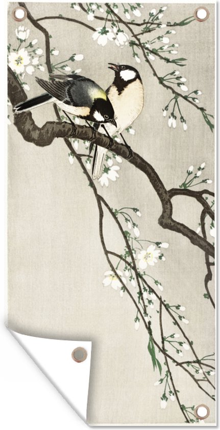 Two tits on cherry blossom - schilderij van Ohara Koson - Tuindoek