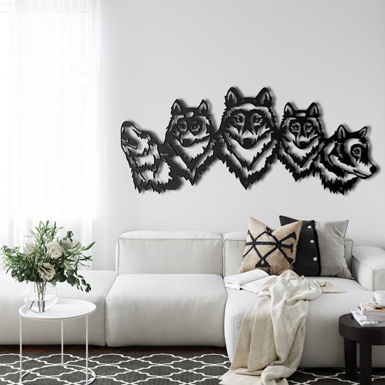 Wanddecoratie | Wolfsroedel / Wolf Pack | Metal - Wall Art | Muurdecoratie | Woonkamer | Buiten Decor |Zwart| 45x19cm