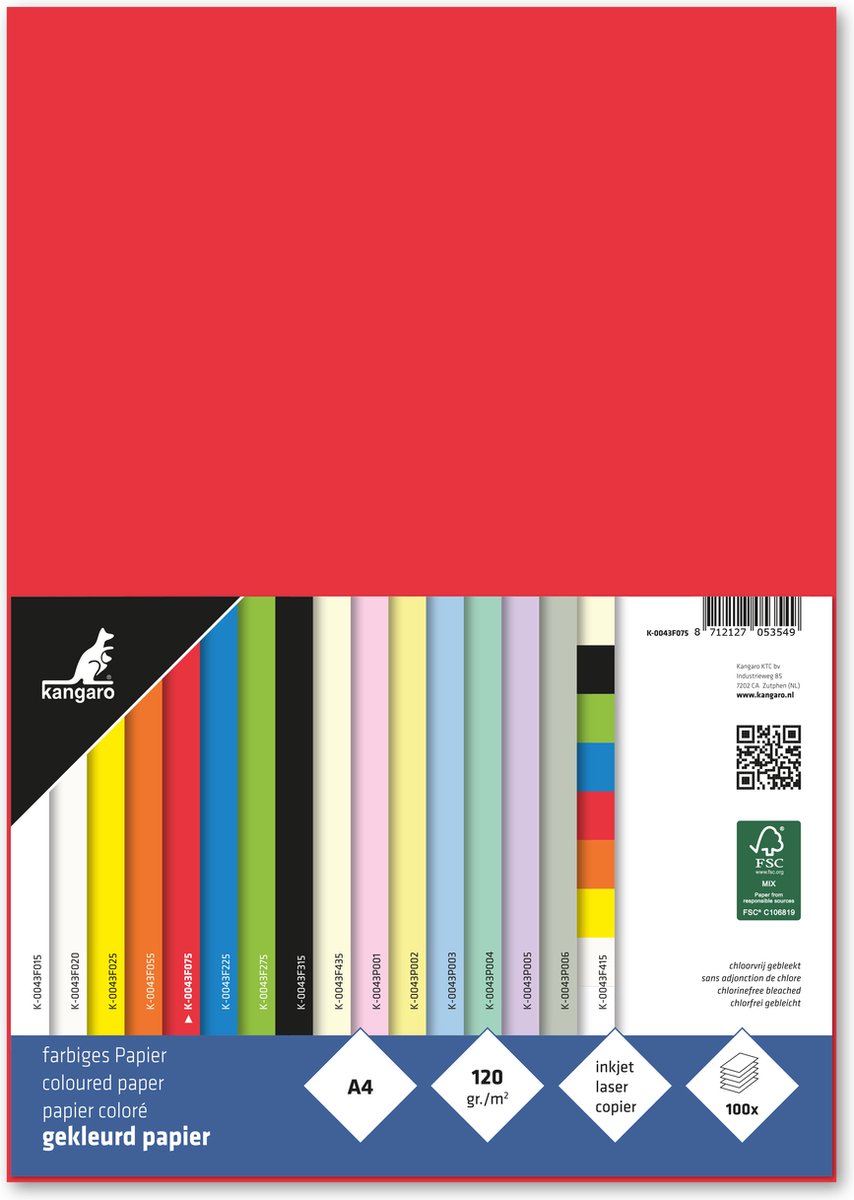 Kangaro papier - A4 - 120 gram FSC - pak 100 vel - rood - K-0043F075
