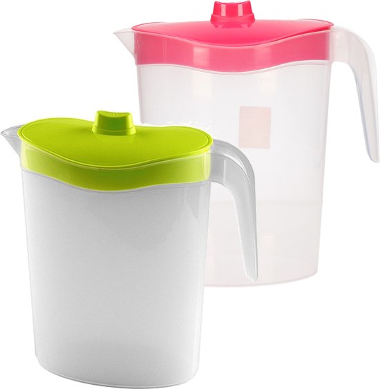 Setje van 2x stuks water/sap/schenk kannen van kunststof in groen en roze 2.5 liter inhoud