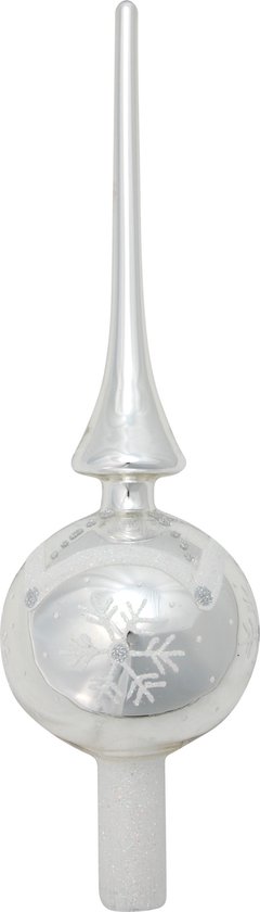 Zilverkleurige kerstboom piek met een bolvormig middenstuk met sneeuwvlokken en glitters.