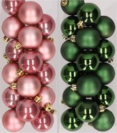 32x stuks kunststof kerstballen mix van oudroze en donkergroen 4 cm - Kerstversiering
