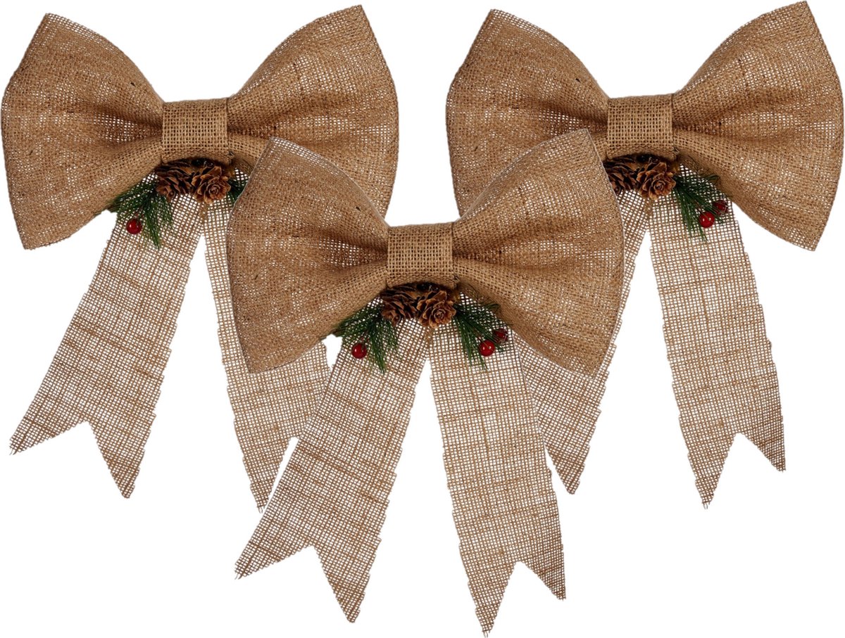 3x stuks kerstboomversieringen ornament strikjes/strikken jute beige 25 x 26 cm