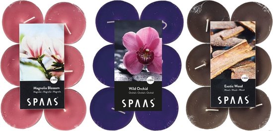 Candles by Spaas geurkaarsen - 36x stuks in 3 geuren Magnolia Flowers - Exotic Wood - Wild Orchid