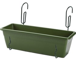 Hangende balkon reling plantenbak groen rechthoekig 50 x 17 x 15 cm met setje metalen ophang beugels