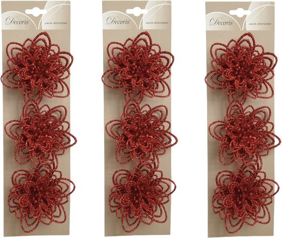 18x stuks decoratie bloemen rood glitter op clip 11 cm - Decoratiebloemen/kerstboomversiering/kerstversiering