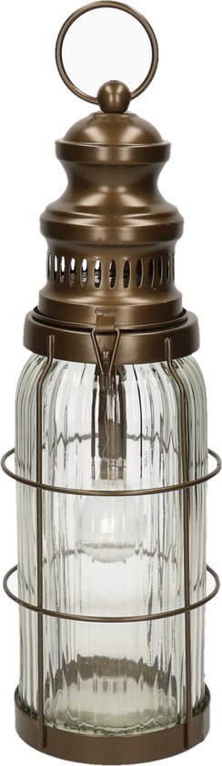 LED stormlantaarn/windlicht brons op batterijen 12 x 38 cm - Campinglamp/tuinverlichting