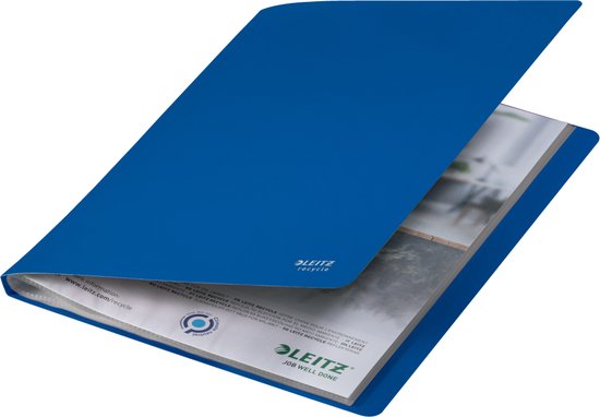 Open blauw Leitz recycle showalbum met informatiepagina.