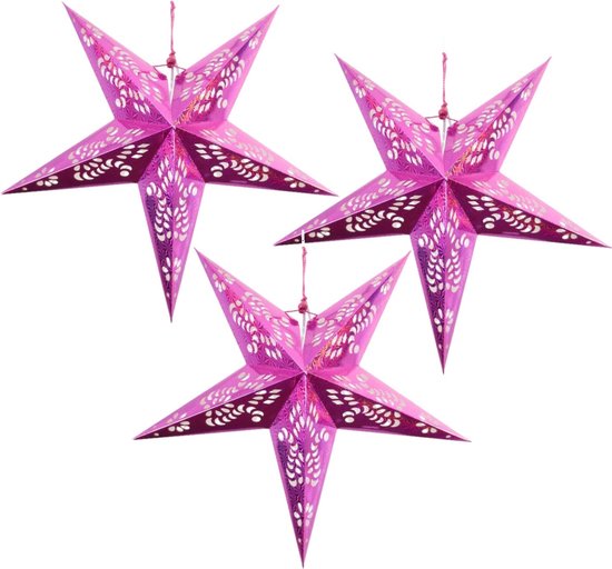 Decoratie kerstster - Set van 3x stuks - lampion - roze - 60 cm - vouwbare ster - kerstversiering