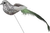 12x Zilveren decoratie glitter vogeltjes op draad 15 cm - Vogels op stekers - Kerstversiering/woondecoratie