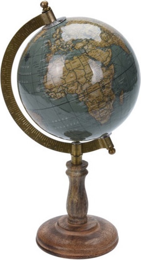 Foto: Decoratie wereldbol globe blauw op mangohouten voet standaard 13 x 28 cm landen contintenten topografie