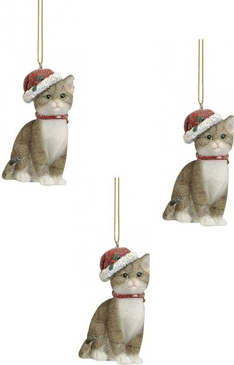 2x stuks kersthangers grijze katten met kerstmuts 9 cm - kerstboomversiering / kerstornamenten katten