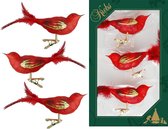 9x stuks luxe glazen decoratie vogels op clip rood 11 cm - Decoratievogeltjes - Kerstboomversiering