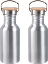 2x Stuks aluminium waterfles/drinkfles zilver met bamboe schroefdop 550 ml - Sportfles - Bidon