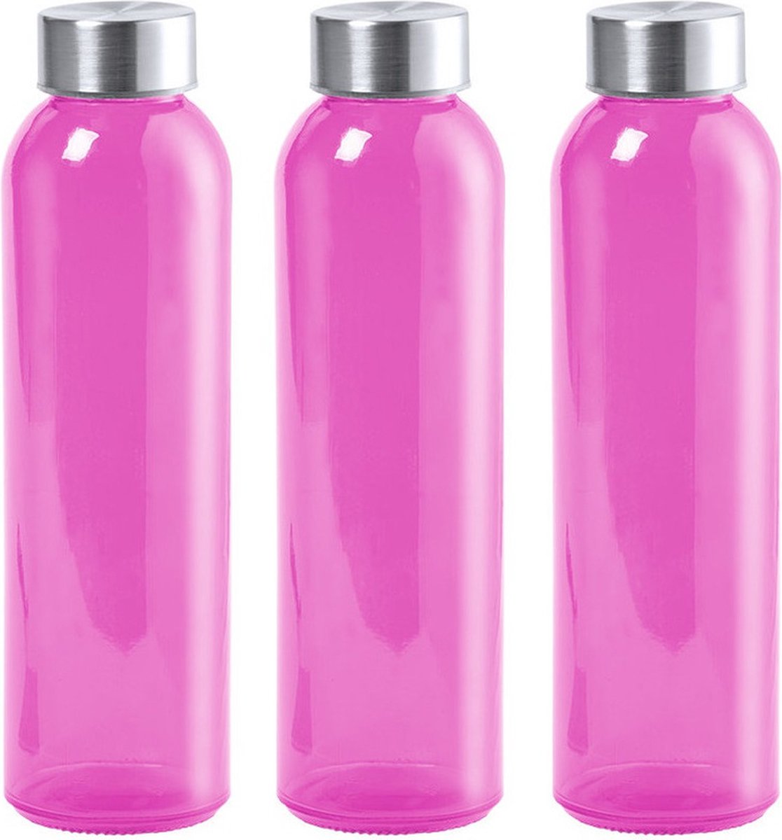 3x Stuks glazen waterfles/drinkfles fuchsia roze transparant met Rvs dop 550 ml - Sportfles - Bidon