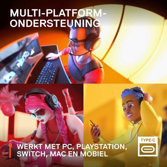 Personages met koptelefoon die spelen op PC, telefoon en console.