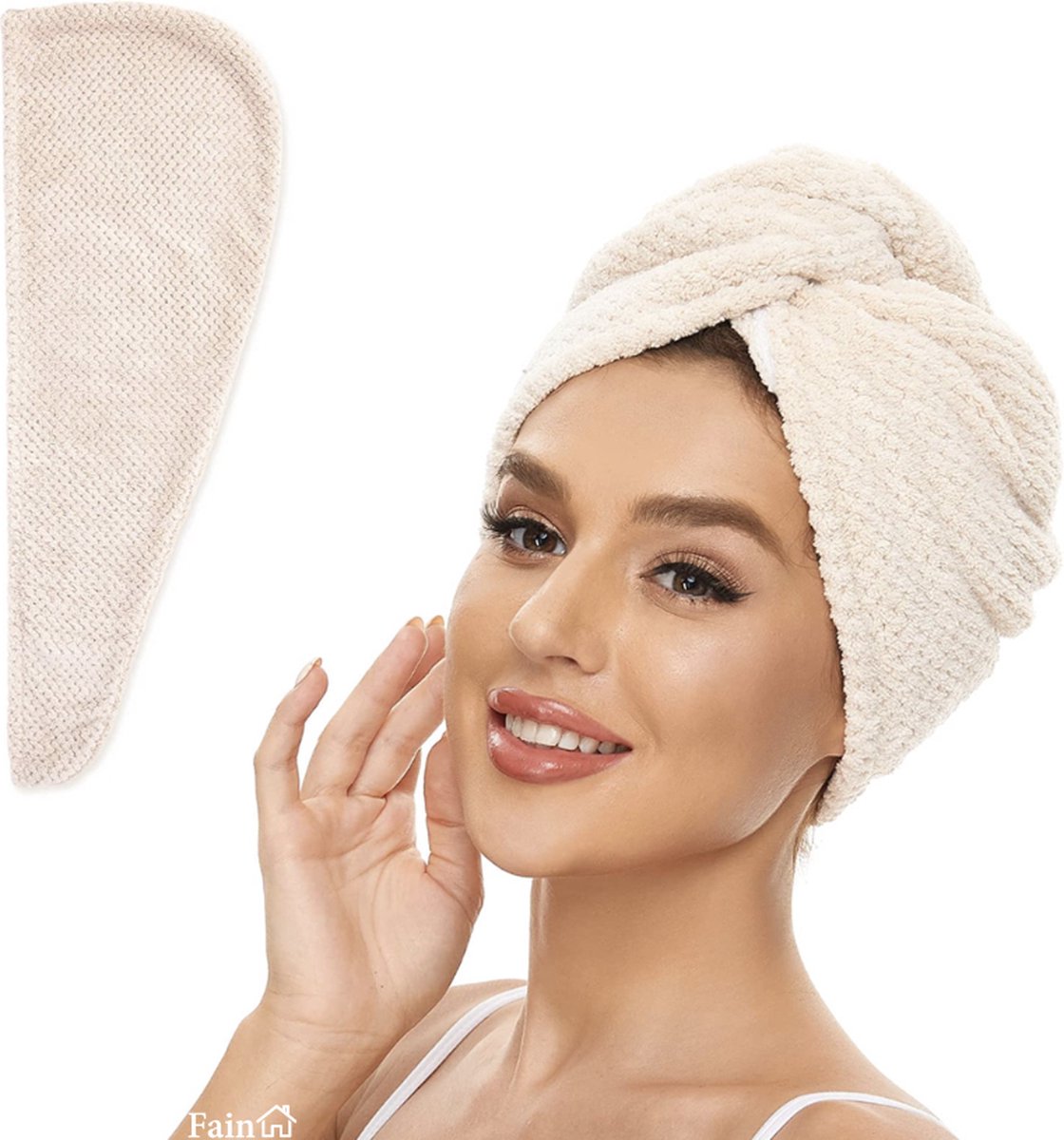 Fain® - Premium haarhanddoek – Hair towel – Beige – Voor alle haartypes - Haarhanddoek microvezel - Hoofdhanddoek – Haartulband – Haarhanddoek badstof – Haarhanddoek kinderen – Haarhanddoek sneldrogend