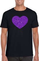 Zwart t-shirt hart met paarse glitters heren - Themafeest/feest kleding XXL