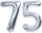 Folie Ballon Cijfer 75 Jaar Zilver Verjaardag Versiering Helium Cijfer Ballonnen Feest versiering Met Rietje - 86Cm