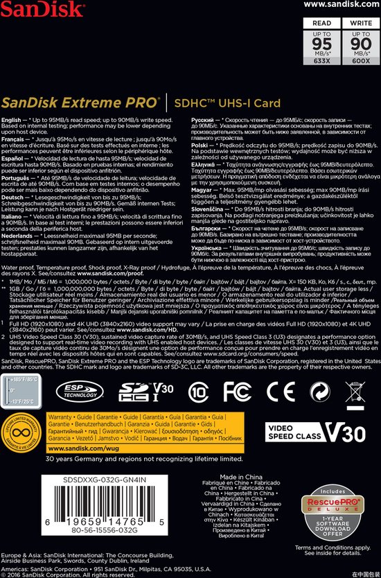 Sandisk SDHC geheugenkaart - 32GB - ExtremePro - U3