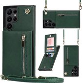 Geschikt Voor Samsung S22 Ultra Hoesje Met Koord - Solidenz Portemonnee Hoes Geschikt Voor Samsung Galaxy S22 Ultra - Telefoonhoesje Met Koord S22 Ultra - Wallet Case - Cover Hoes Met Koordje - Groen