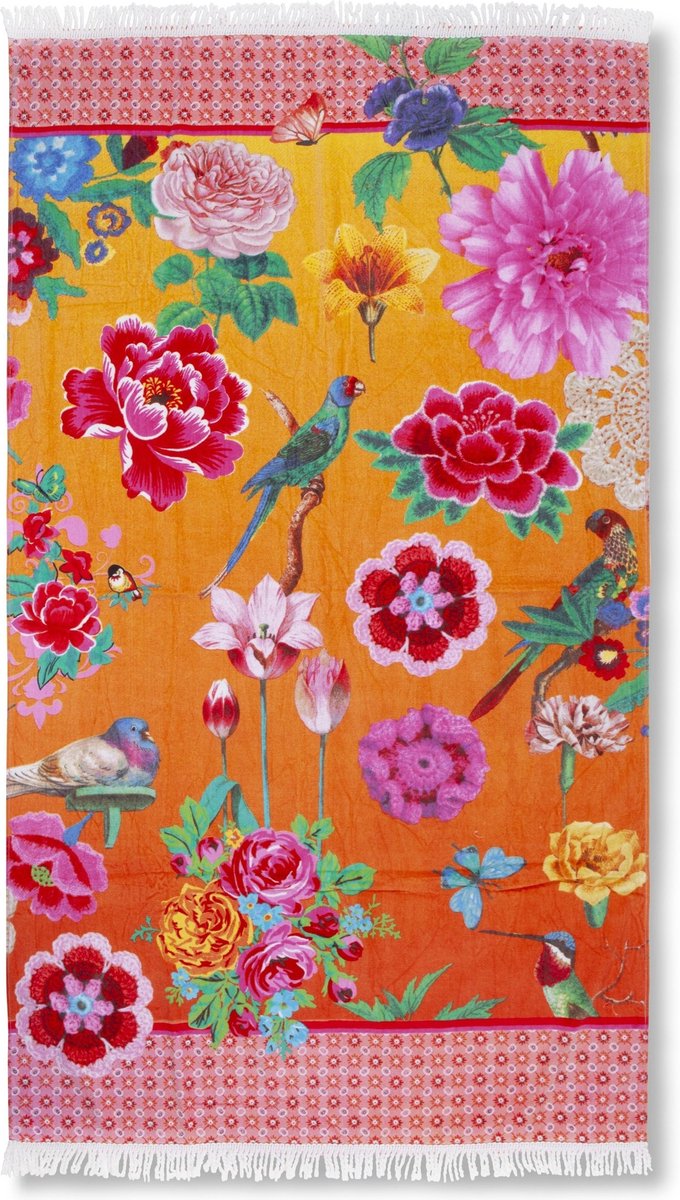 Strandlaken 100x180 cm - Bloemen en Vogels Print - Oranje/Multicolor - 100% Katoen - Voor Zomer en Strand