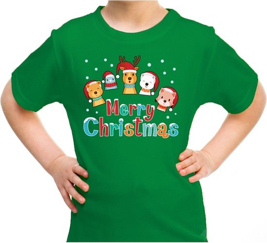 Foute kerst shirt / t-shirt dierenvriendjes Merry christmas groen voor kinderen - kerstkleding / christmas outfit 164/176