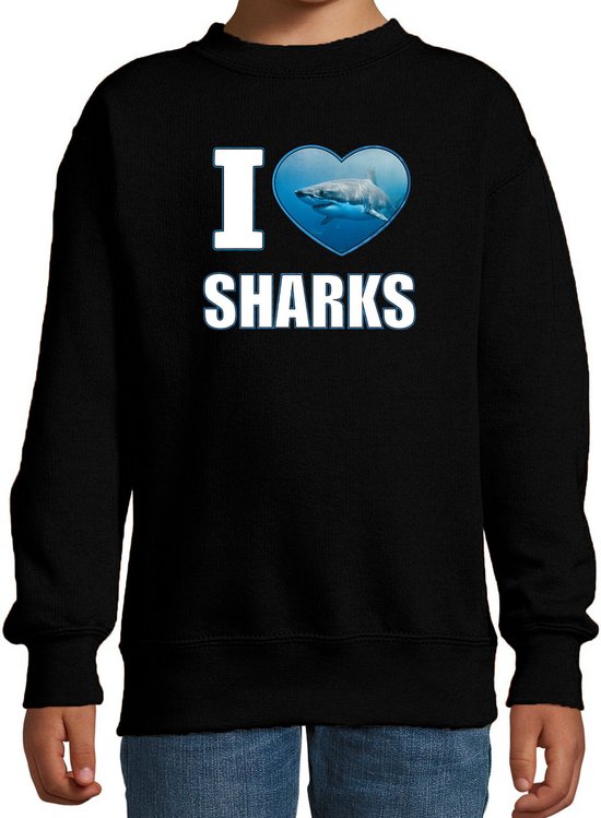 I love sharks sweater met dieren foto van een haai zwart voor kinderen - cadeau trui haaien liefhebber - kinderkleding / kleding 170/176