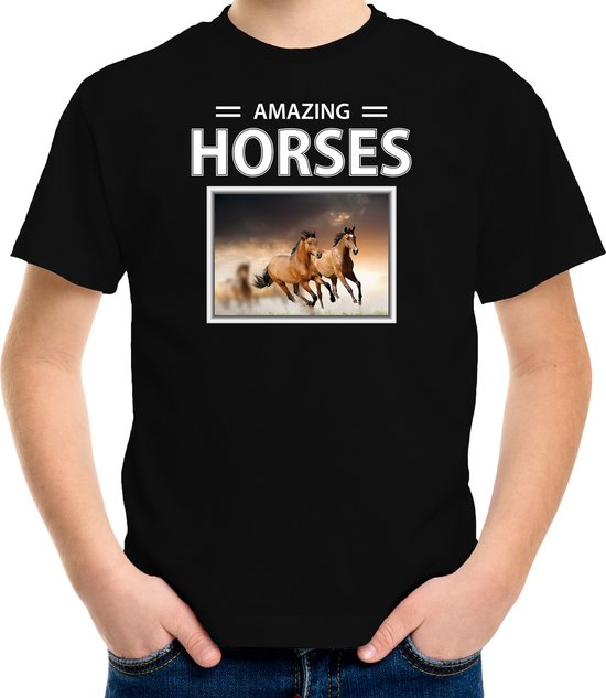 Dieren foto t-shirt Bruin paard - zwart - kinderen - amazing horses - cadeau shirt Bruine paarden liefhebber - kinderkleding / kleding 134/140