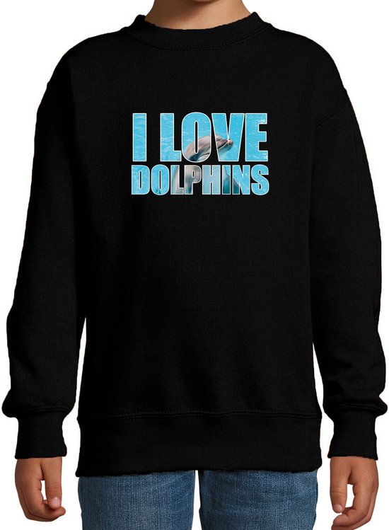 Tekst sweater I love dolphins met dieren foto van een dolfijn zwart voor kinderen - cadeau trui dolfijnen liefhebber - kinderkleding / kleding 170/176