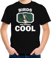 Dieren vogels t-shirt zwart kinderen - birds are serious cool shirt  jongens/ meisjes - cadeau shirt ijsvogel zittend/ vogels liefhebber - kinderkleding / kleding 134/140