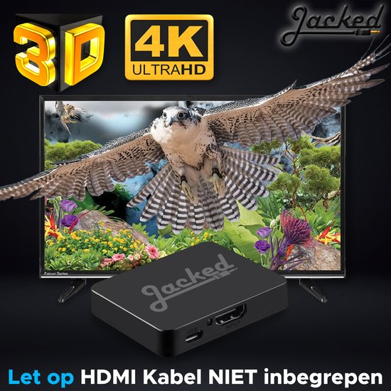 Zwarte Jacked HDMI splitter, met 4K Ultra HD en 3D logo's, voor een tv met een adelaar.
