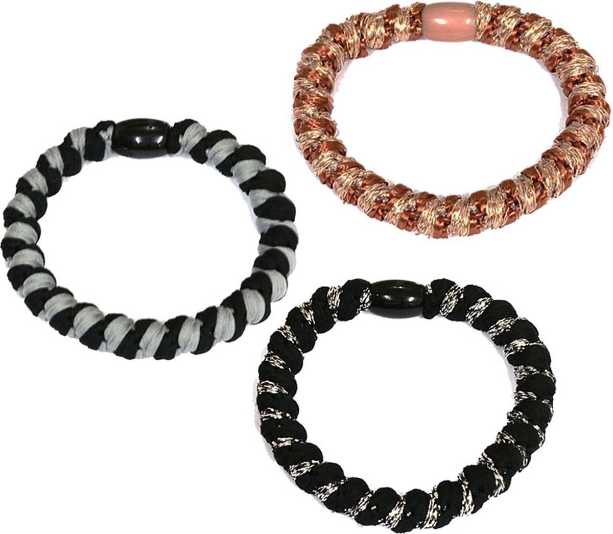 Haarelastiekjes - Armbanden - Elastisch - Set 3 Stuks : zwart/zilver, zwart/grijs, Perzik/goud
